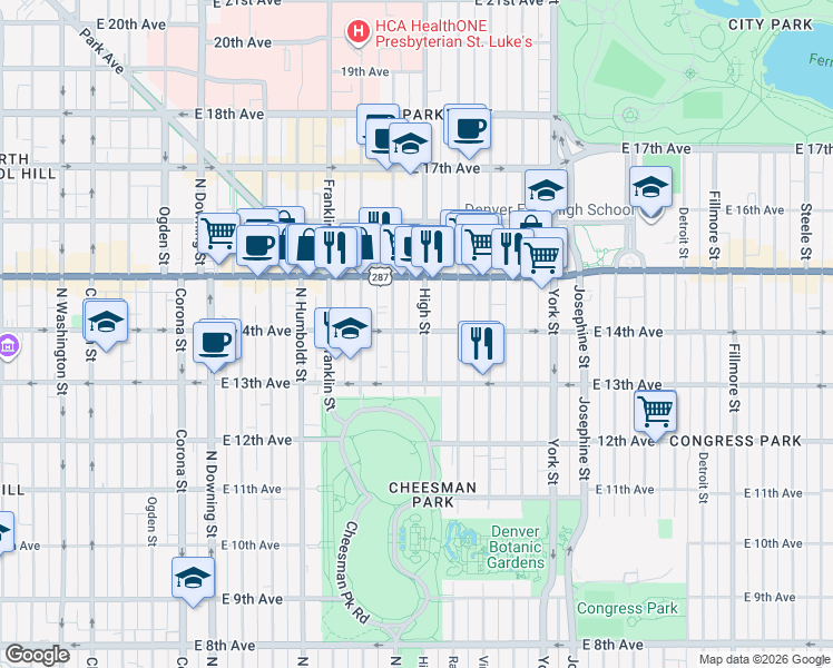map of restaurants, bars, coffee shops, grocery stores, and more near in Denver