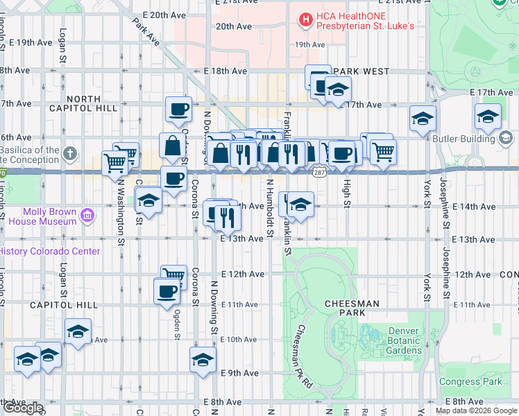 map of restaurants, bars, coffee shops, grocery stores, and more near 1359 Humboldt Street in Denver