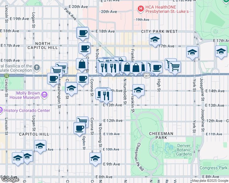 map of restaurants, bars, coffee shops, grocery stores, and more near 1362 North Marion Street in Denver