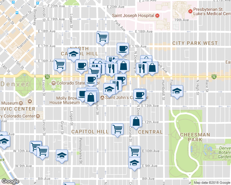 map of restaurants, bars, coffee shops, grocery stores, and more near 700 Colorado Boulevard in Denver