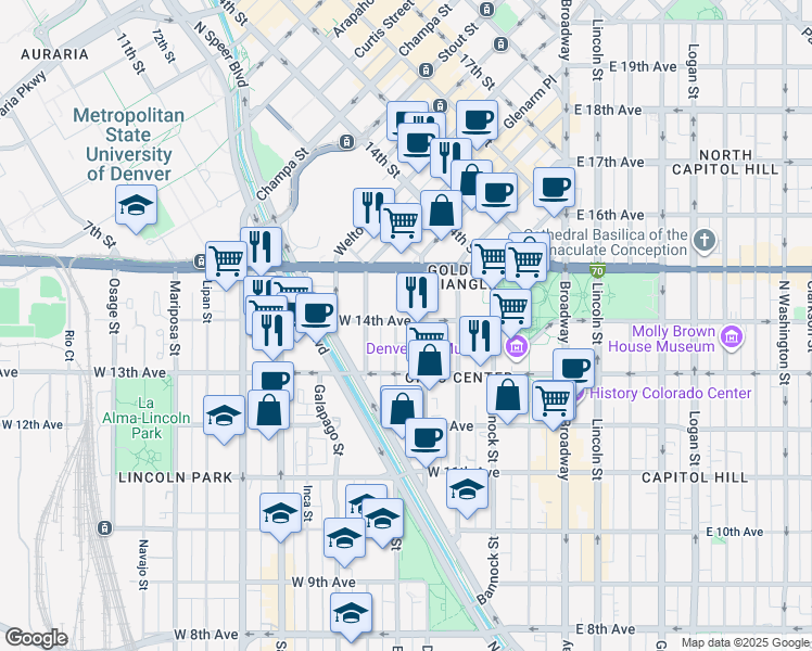 map of restaurants, bars, coffee shops, grocery stores, and more near 1370 Elati Street in Denver