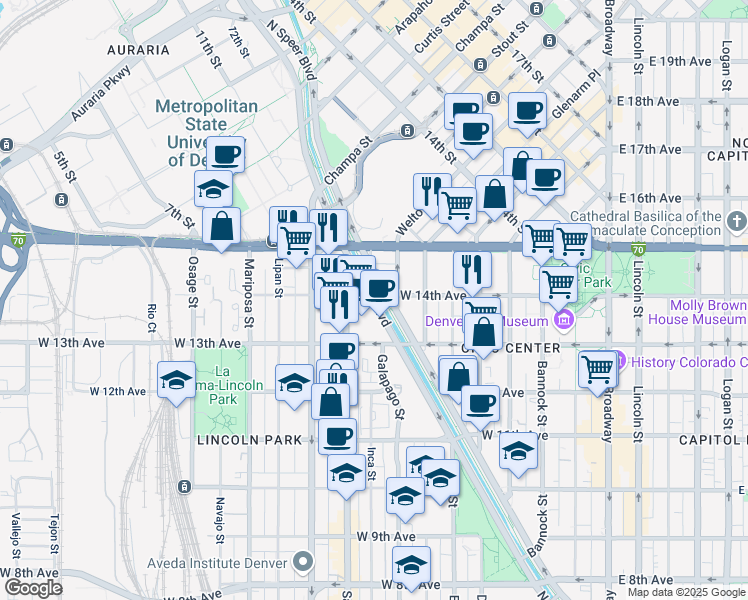 map of restaurants, bars, coffee shops, grocery stores, and more near 1350 Speer Boulevard in Denver