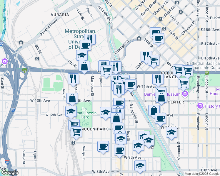 map of restaurants, bars, coffee shops, grocery stores, and more near 1366 Kalamath Street in Denver