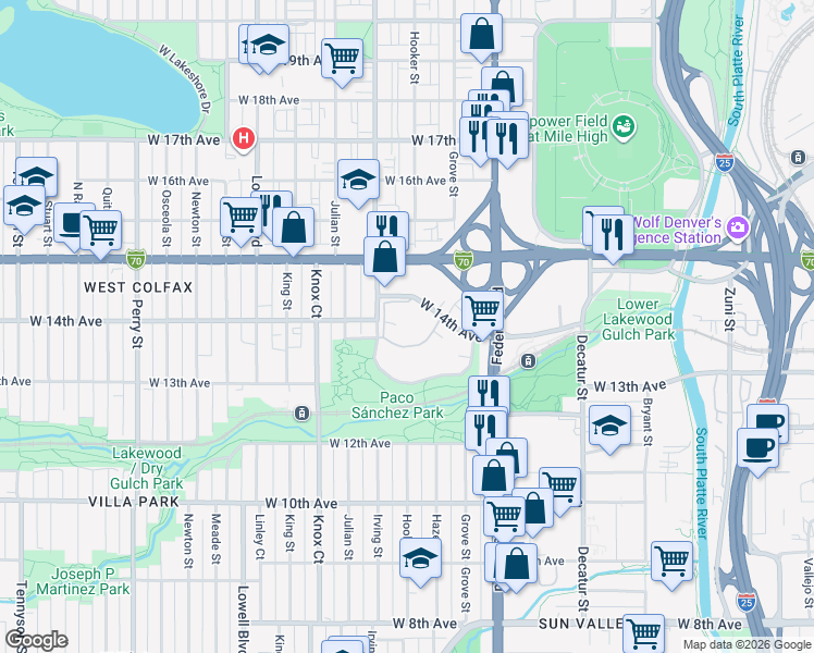 map of restaurants, bars, coffee shops, grocery stores, and more near 3183 West Avondale Drive in Denver