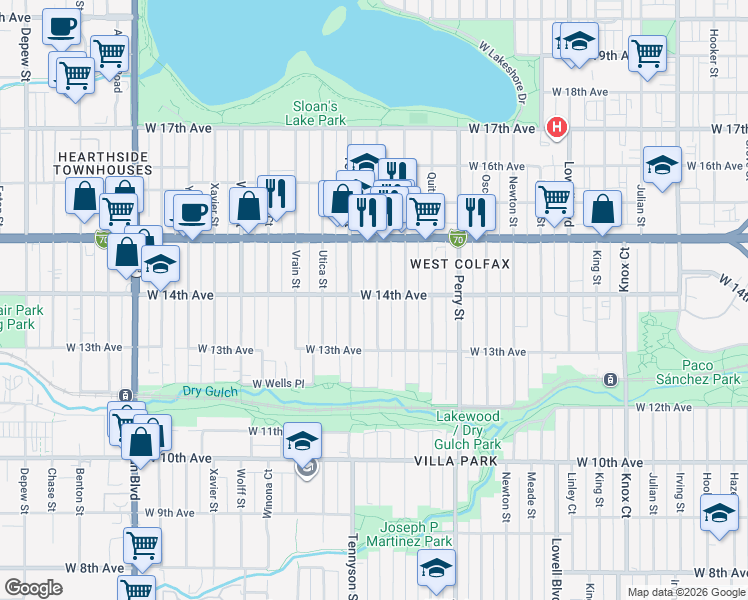 map of restaurants, bars, coffee shops, grocery stores, and more near 1378 Tennyson Street in Denver