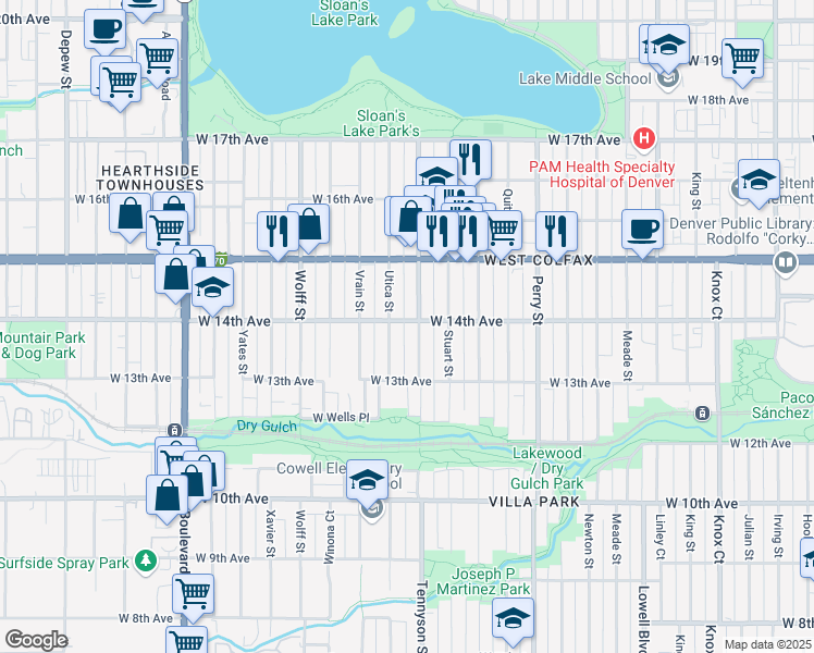 map of restaurants, bars, coffee shops, grocery stores, and more near 1368 Utica Street in Denver