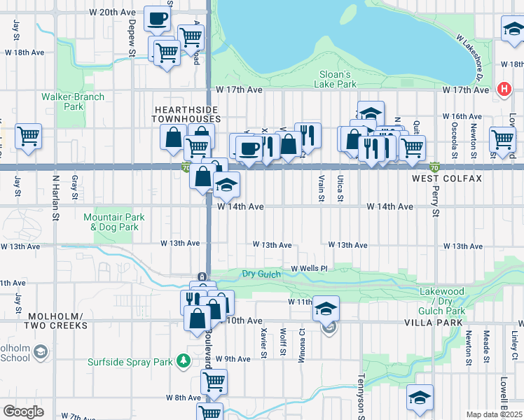 map of restaurants, bars, coffee shops, grocery stores, and more near 1376 Xavier Street in Denver