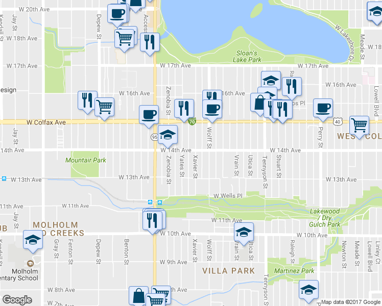 map of restaurants, bars, coffee shops, grocery stores, and more near 1376 Xavier Street in Denver