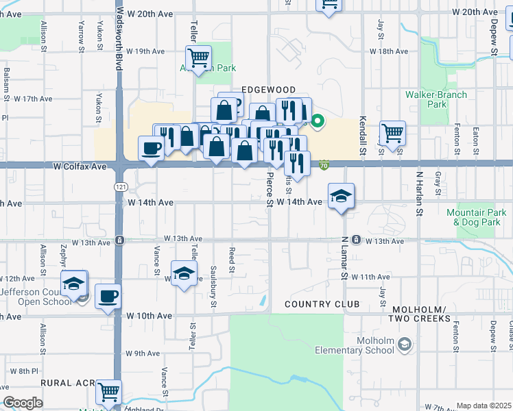 map of restaurants, bars, coffee shops, grocery stores, and more near 6900 West 14th Avenue in Lakewood