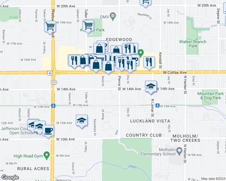 map of restaurants, bars, coffee shops, grocery stores, and more near 6900 West 14th Avenue in Lakewood
