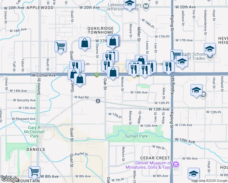 map of restaurants, bars, coffee shops, grocery stores, and more near 1420 Oak Street in Lakewood