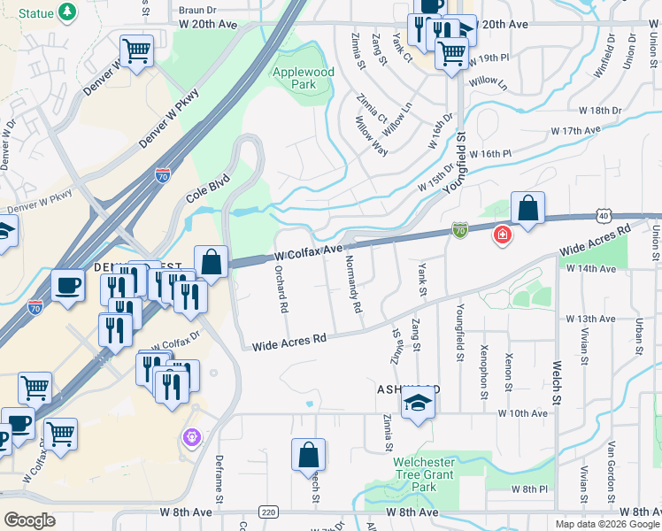 map of restaurants, bars, coffee shops, grocery stores, and more near 1310 Meadow Sweet Road in Golden