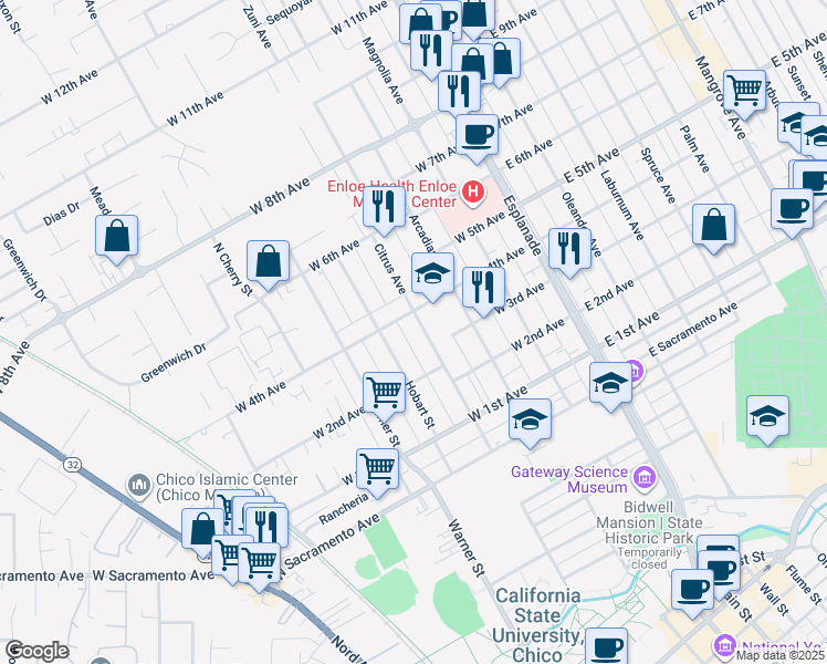 map of restaurants, bars, coffee shops, grocery stores, and more near 1261A Citrus Avenue in Chico