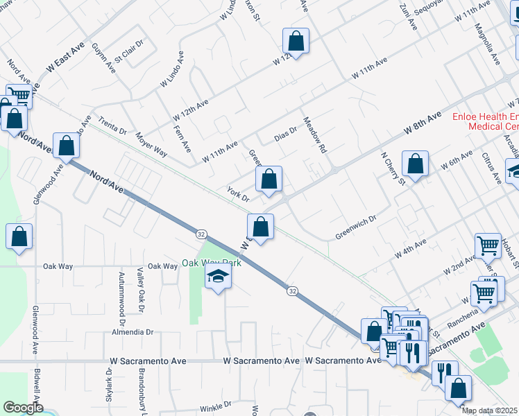 map of restaurants, bars, coffee shops, grocery stores, and more near 1212 West 8th Avenue in Chico
