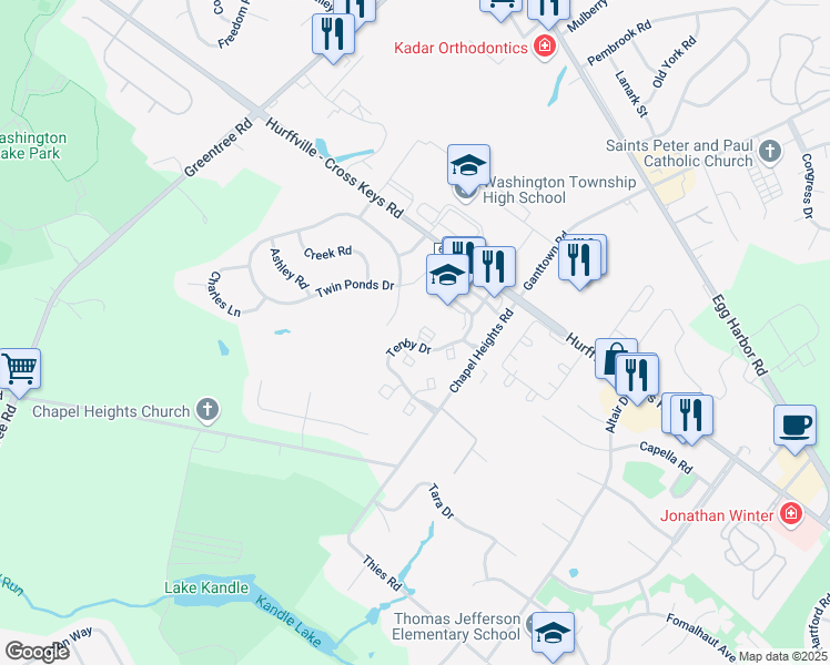 map of restaurants, bars, coffee shops, grocery stores, and more near 15 Pickwick Place in Washington Township