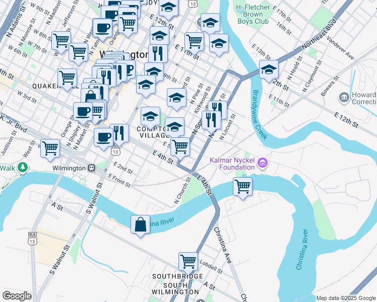 map of restaurants, bars, coffee shops, grocery stores, and more near 704 East 5th Street in Wilmington