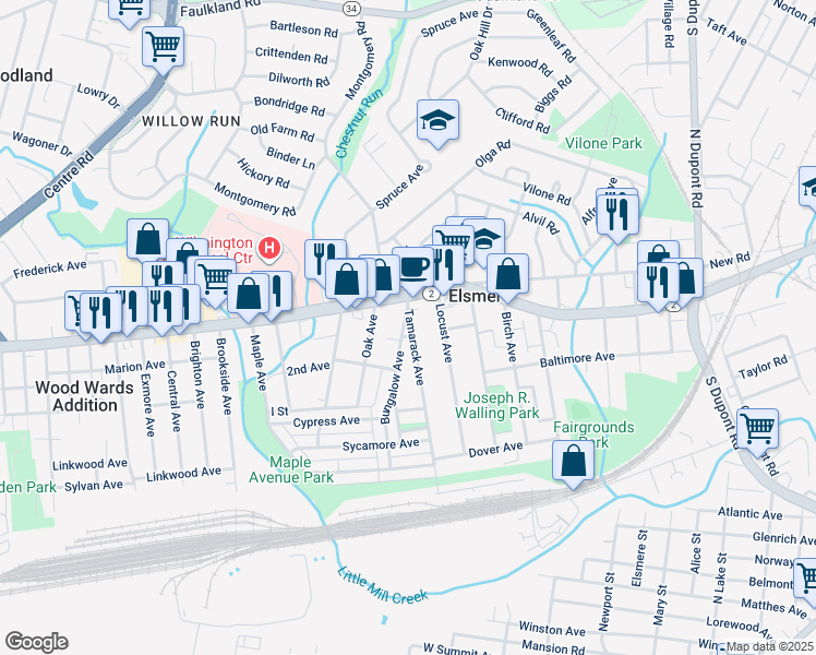 map of restaurants, bars, coffee shops, grocery stores, and more near 1 Bungalow Avenue in Wilmington