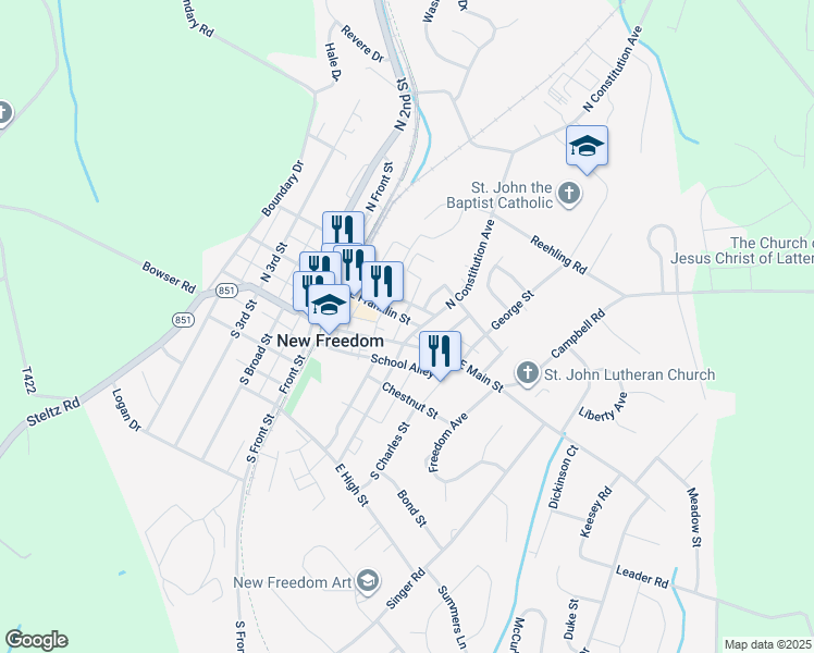 map of restaurants, bars, coffee shops, grocery stores, and more near 44 East Franklin Street in New Freedom