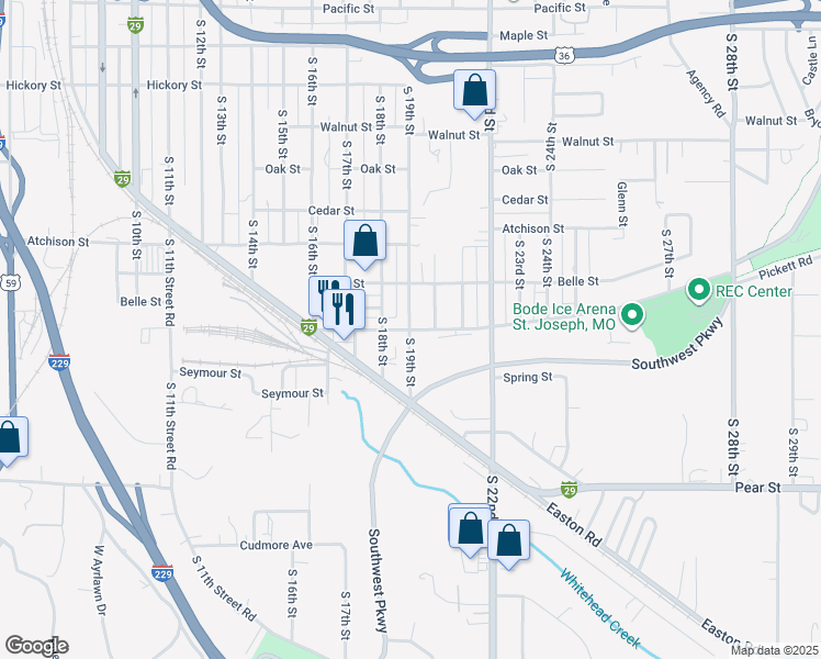 map of restaurants, bars, coffee shops, grocery stores, and more near 2906 South 19th Street in Saint Joseph