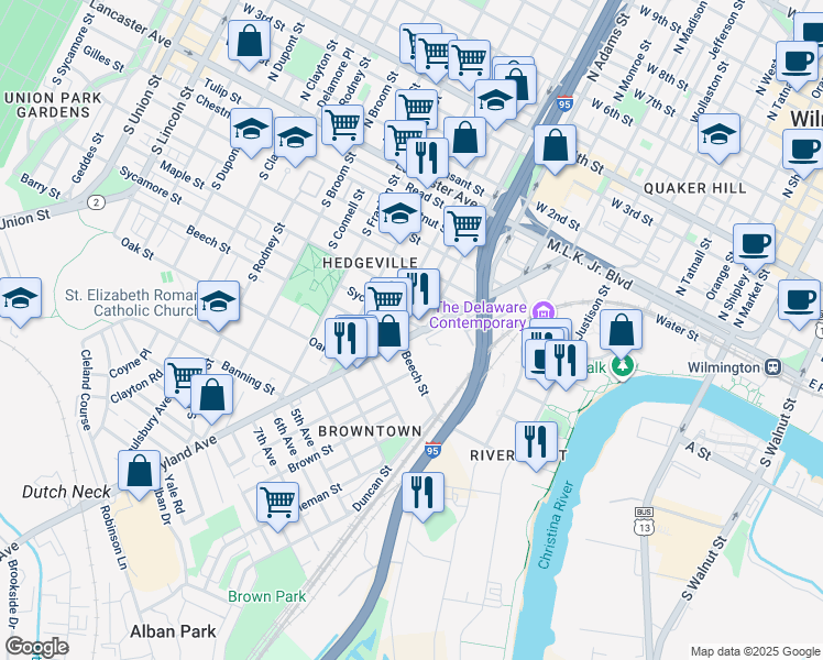 map of restaurants, bars, coffee shops, grocery stores, and more near in Wilmington