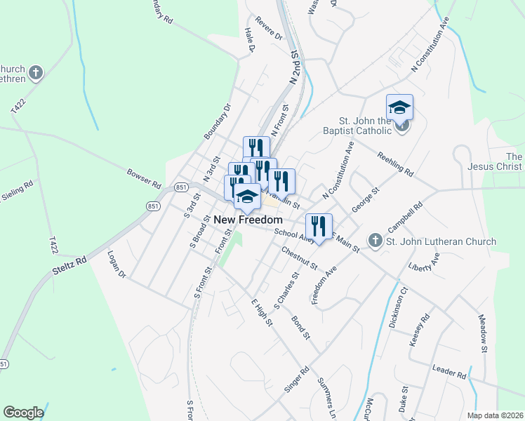 map of restaurants, bars, coffee shops, grocery stores, and more near 11 East Main Street in New Freedom