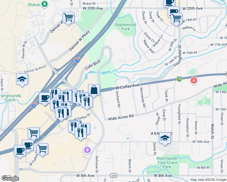 map of restaurants, bars, coffee shops, grocery stores, and more near 1375 Orchard Road in Golden