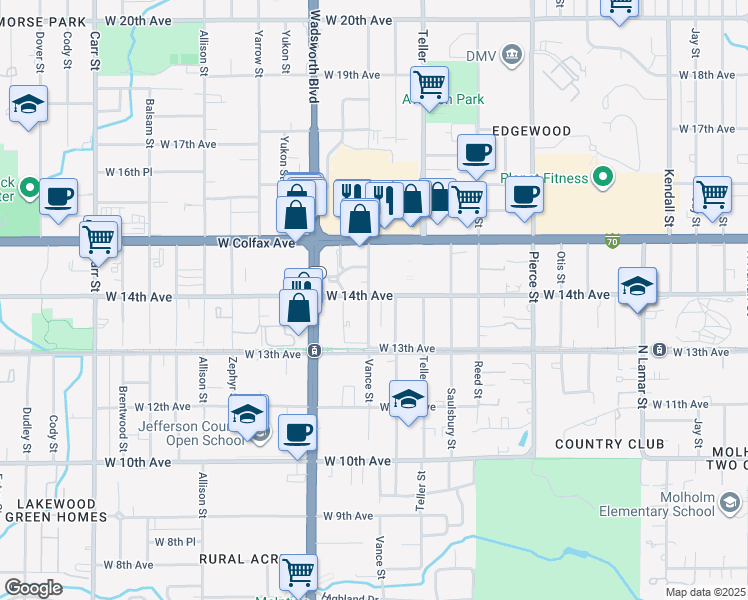map of restaurants, bars, coffee shops, grocery stores, and more near 1390 Vance Street in Lakewood