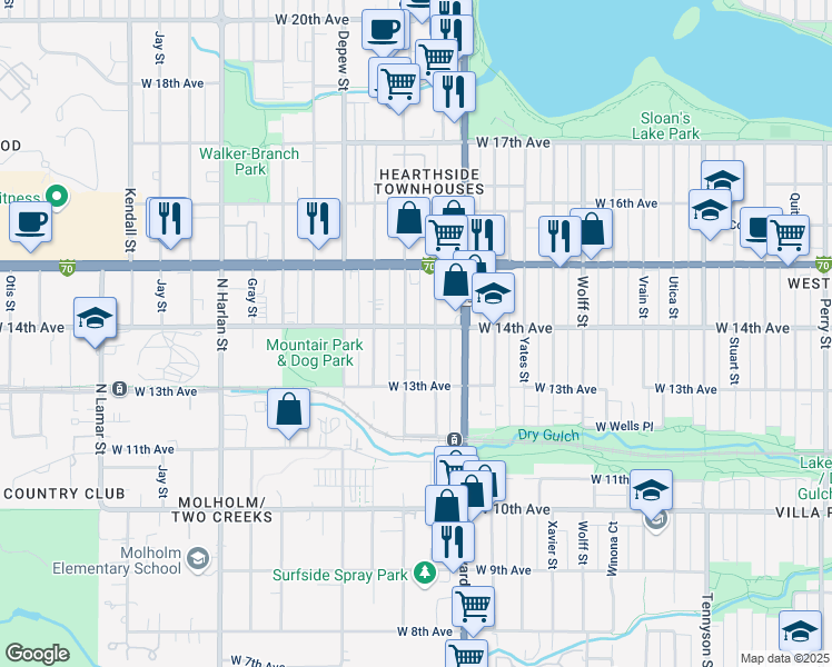 map of restaurants, bars, coffee shops, grocery stores, and more near 1390 Benton Street in Lakewood
