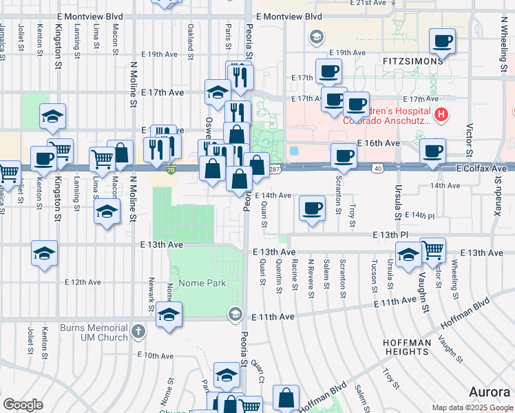 map of restaurants, bars, coffee shops, grocery stores, and more near 1360 Peoria Street in Aurora