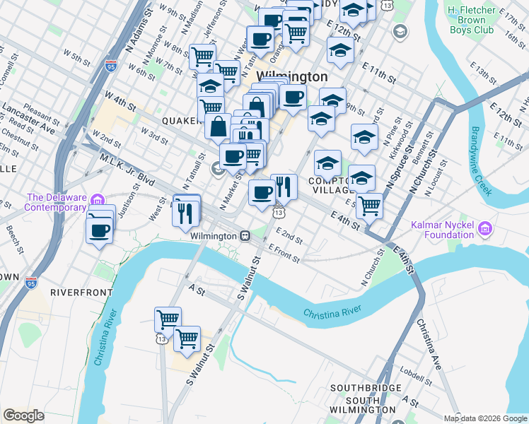 map of restaurants, bars, coffee shops, grocery stores, and more near 201 North Walnut Street in Wilmington