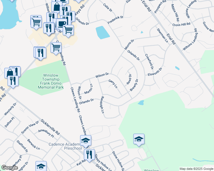 map of restaurants, bars, coffee shops, grocery stores, and more near 15 Randolph Lane in Sicklerville
