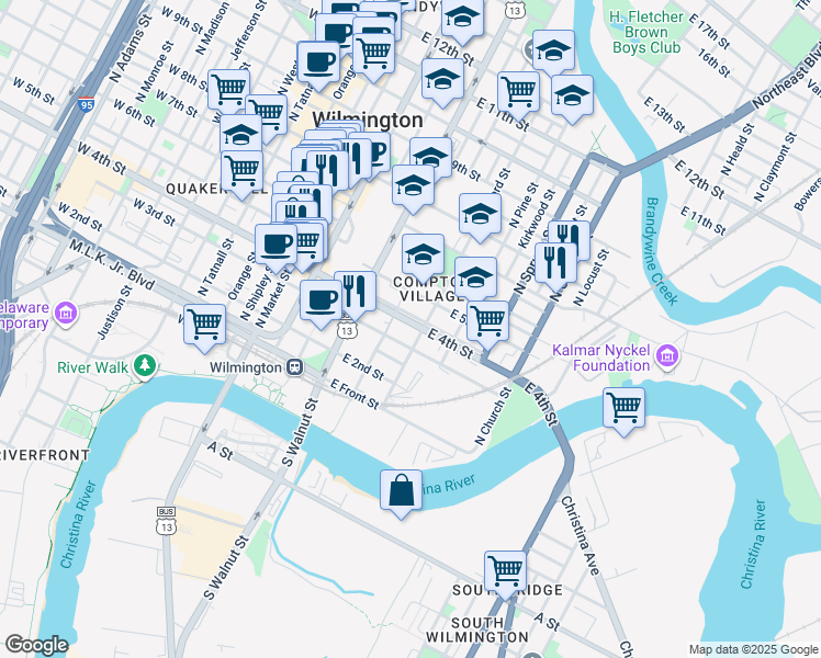 map of restaurants, bars, coffee shops, grocery stores, and more near 422 East 4th Street in Wilmington
