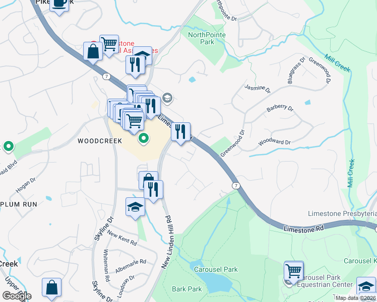 map of restaurants, bars, coffee shops, grocery stores, and more near 4500 New Linden Hill Road in Wilmington