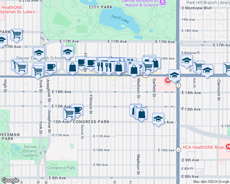 map of restaurants, bars, coffee shops, grocery stores, and more near East 14th Avenue & Steele Street in Denver