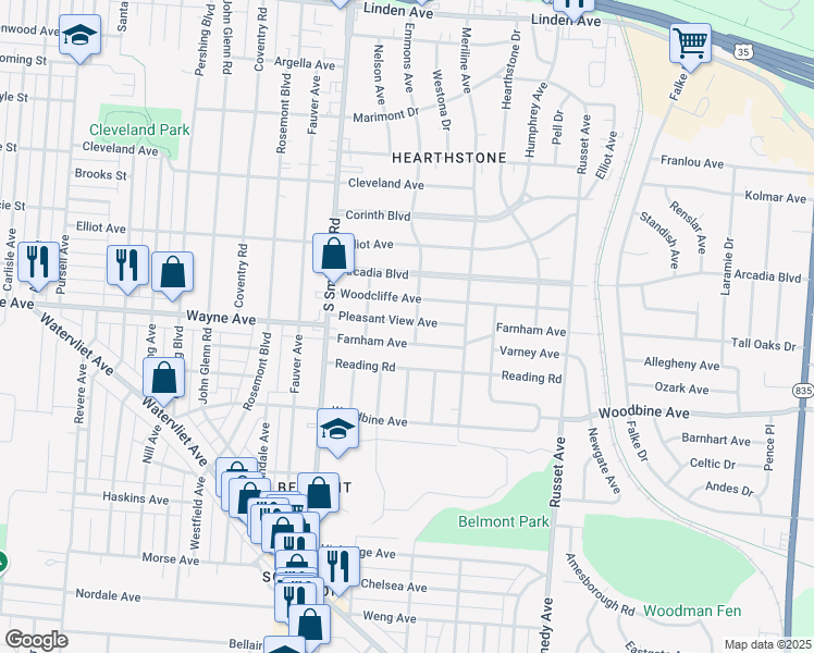 map of restaurants, bars, coffee shops, grocery stores, and more near 4154 Pleasant View Avenue in Dayton