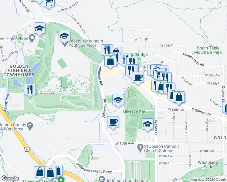 map of restaurants, bars, coffee shops, grocery stores, and more near 17752 West 14th Avenue in Golden