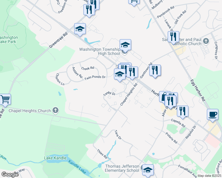 map of restaurants, bars, coffee shops, grocery stores, and more near 35 Windsor Court in Washington Township