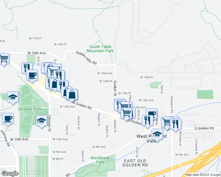map of restaurants, bars, coffee shops, grocery stores, and more near 16438 West 13th Lane in Golden