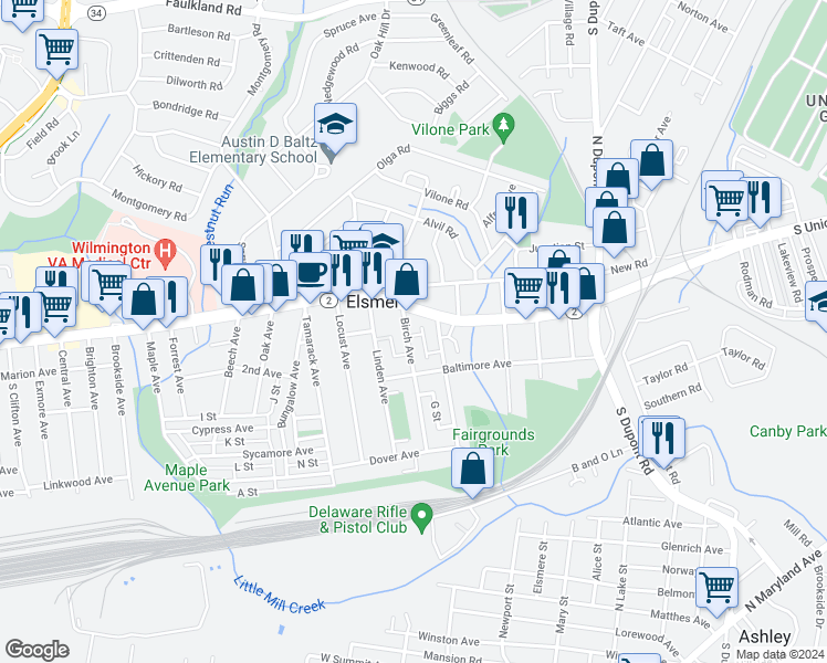 map of restaurants, bars, coffee shops, grocery stores, and more near 110 Birch Avenue in Wilmington