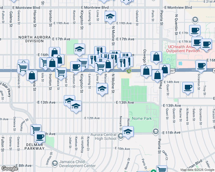 map of restaurants, bars, coffee shops, grocery stores, and more near 1383 Moline Street in Aurora
