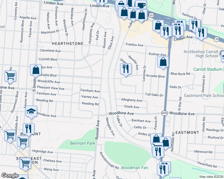 map of restaurants, bars, coffee shops, grocery stores, and more near 1471 Falke Drive in Dayton