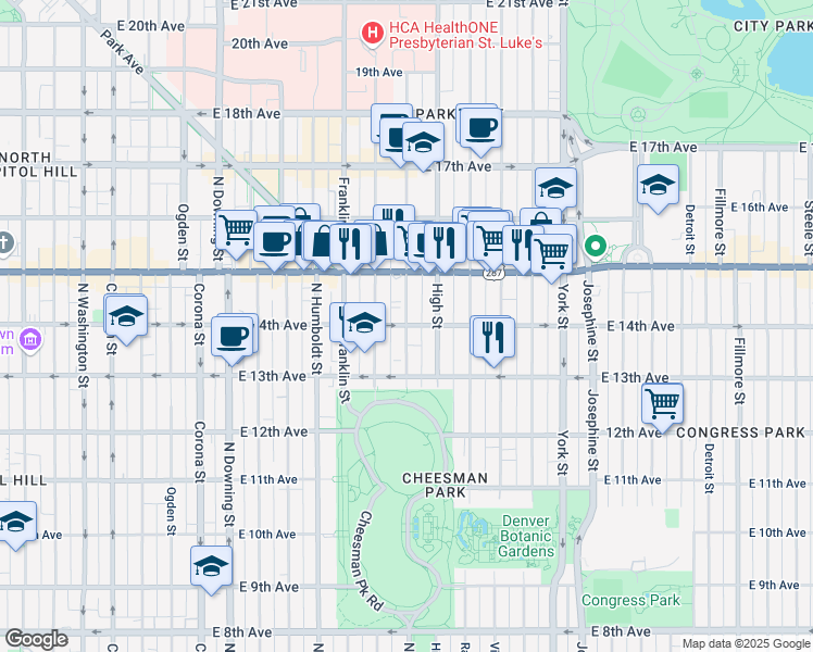 map of restaurants, bars, coffee shops, grocery stores, and more near East 14th Avenue & Williams Street in Denver