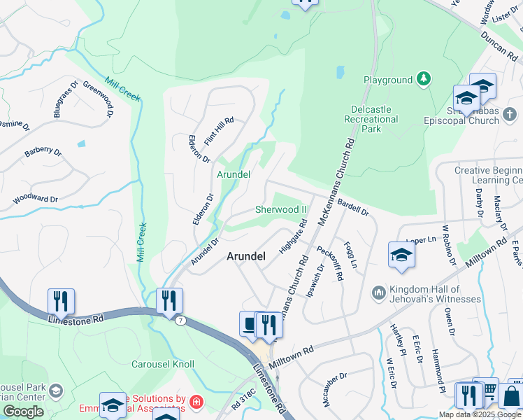 map of restaurants, bars, coffee shops, grocery stores, and more near 1212 Arundel Drive in Wilmington