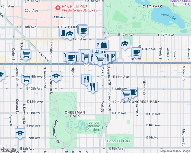 map of restaurants, bars, coffee shops, grocery stores, and more near East 14th Avenue & Gaylord Street in Denver