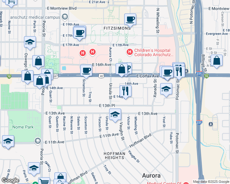 map of restaurants, bars, coffee shops, grocery stores, and more near 13142 East 14th Place in Aurora