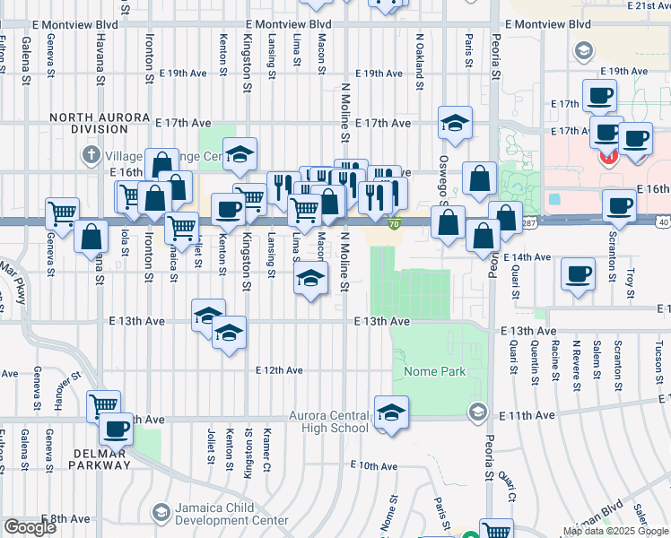 map of restaurants, bars, coffee shops, grocery stores, and more near 1383 Moline Street in Aurora