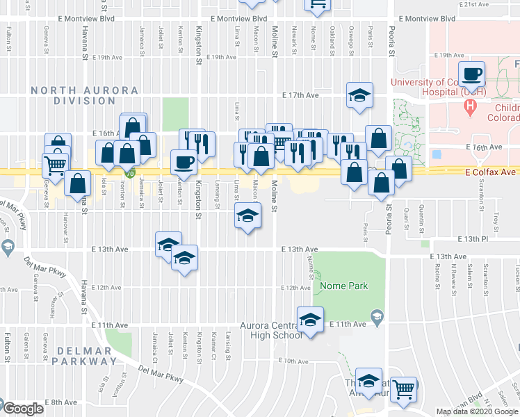map of restaurants, bars, coffee shops, grocery stores, and more near 1383 Moline Street in Aurora