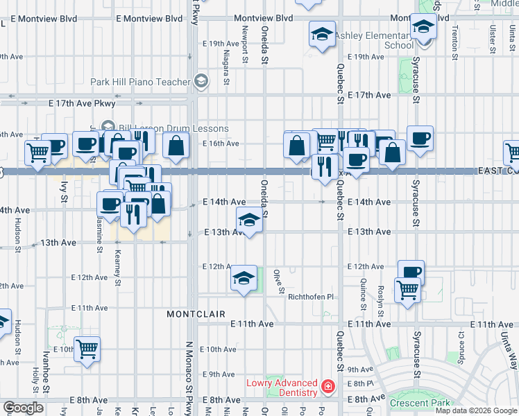 map of restaurants, bars, coffee shops, grocery stores, and more near 1341 Oneida Street in Denver