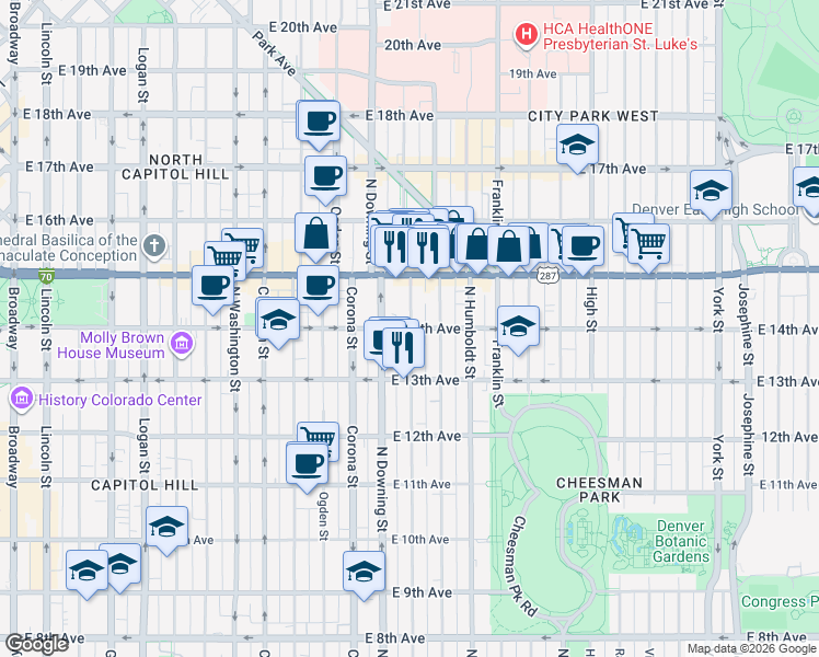 map of restaurants, bars, coffee shops, grocery stores, and more near 1362 North Marion Street in Denver