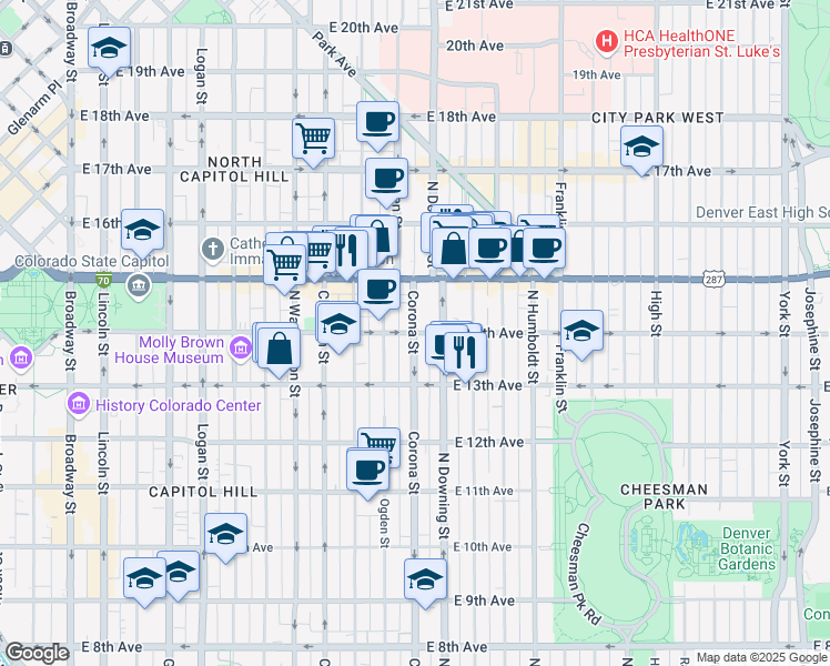 map of restaurants, bars, coffee shops, grocery stores, and more near 1365 Corona Street in Denver